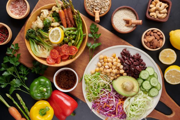 overhead view of a table laden with fresh foods