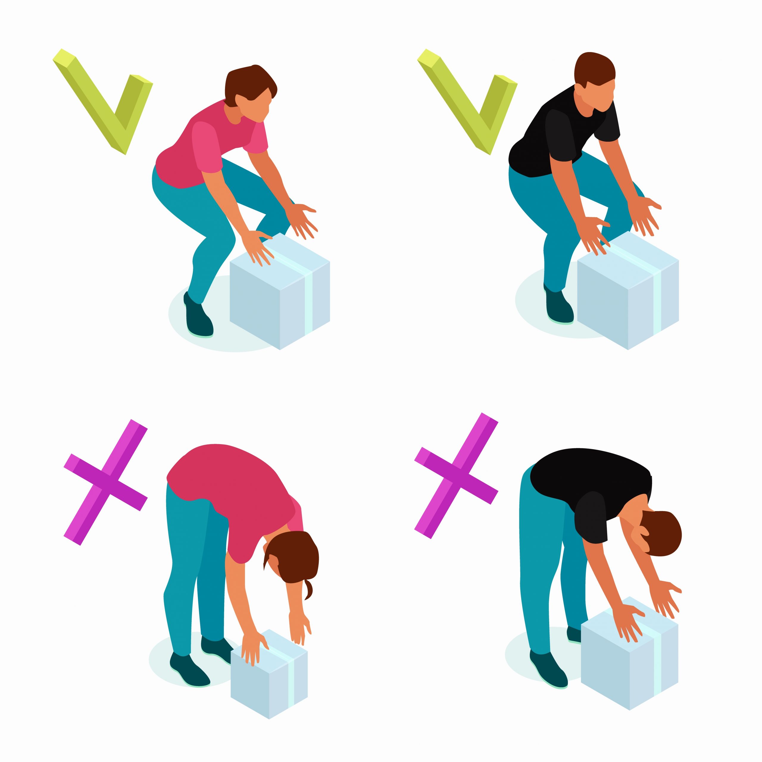 Keeping good posture 4 isometric compositions with proper and wrong lifting techniques isolated vector illustration