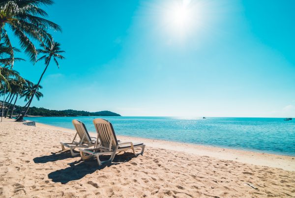 lounge chairs on a sany beach with palm trees