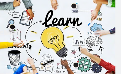 graphic with hands and line drawings, a lightbulb, and the word "learn"