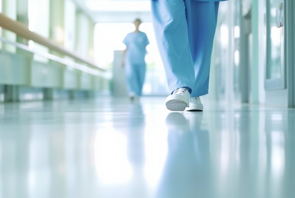 photo of person in scrubs walking, viewed from floor level