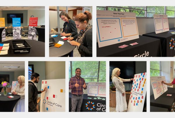Collage of photographs of people participating in open house