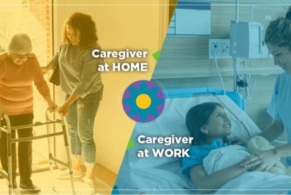 split image of caregiver helping a woman use a walker on one side and caregiver helping someone in a hospital bed on the other side