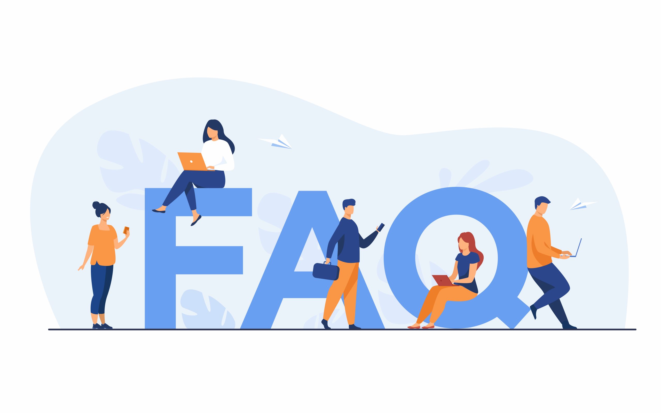 "faq illustration people on letters"