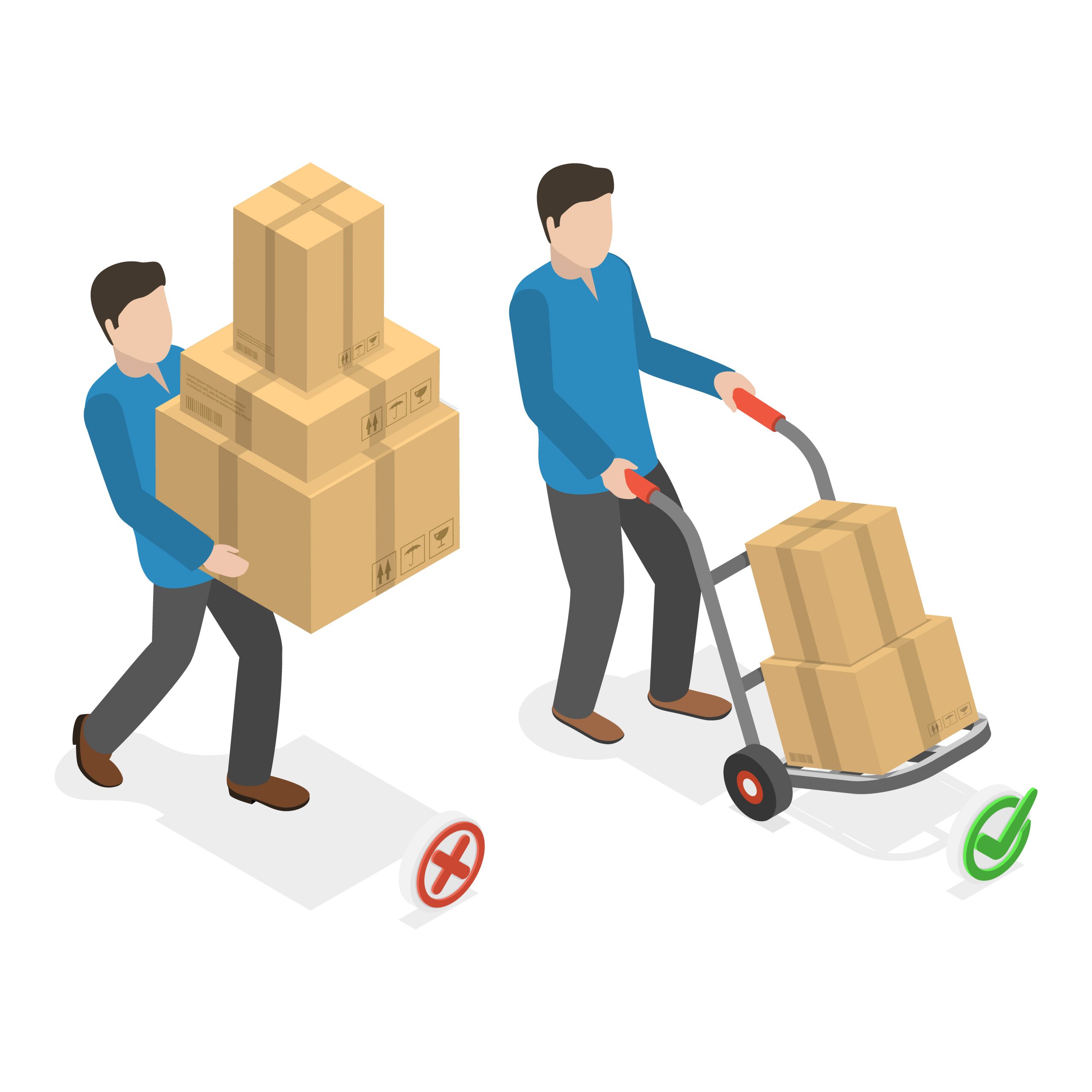 "Illustration of man lifting boxes in arms incorrectly, and pushing boxes on cart correctly"