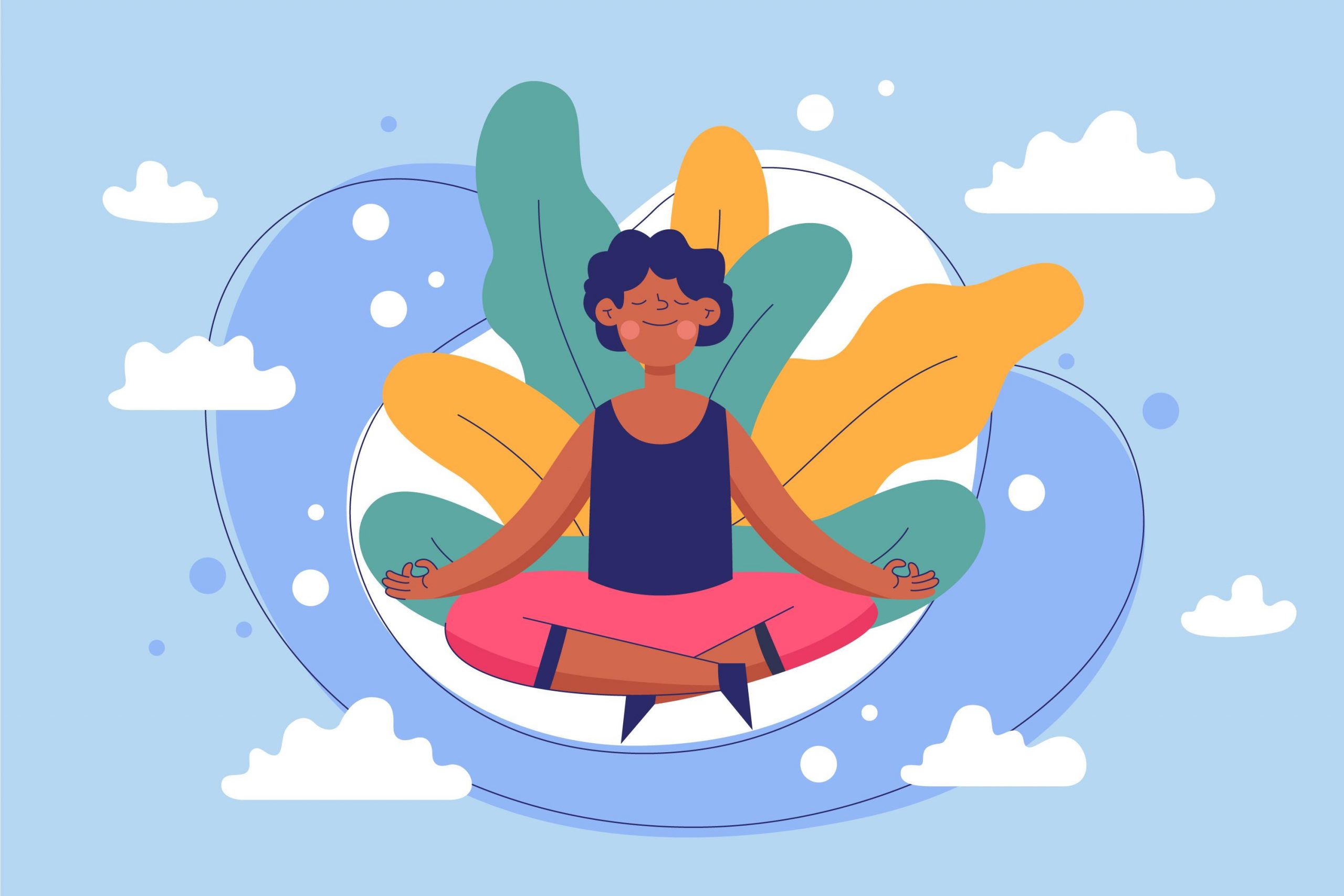 "mental health woman sitting cross legged clouds leaves around"
